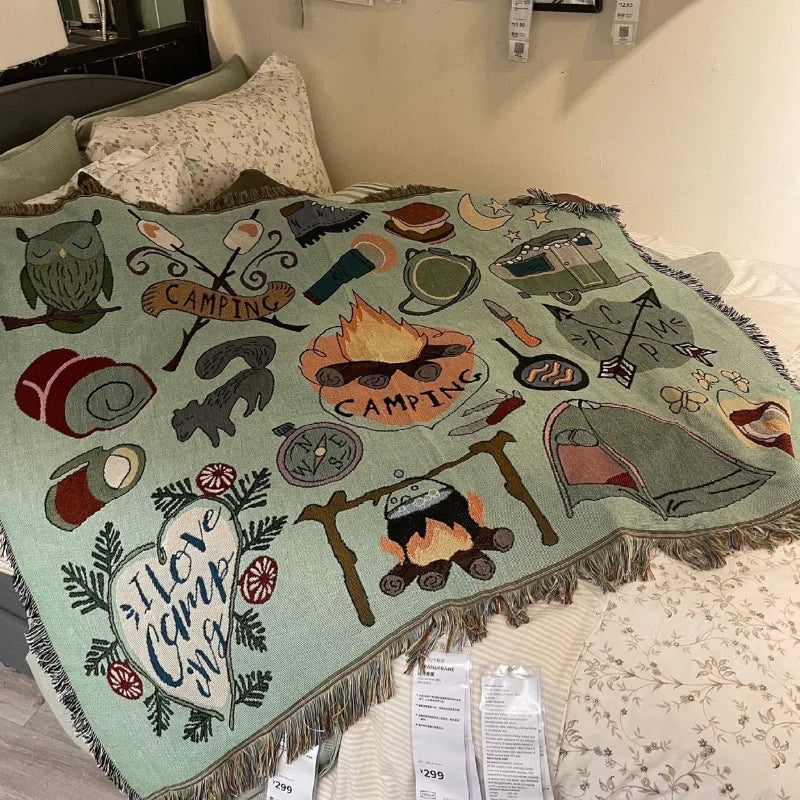 American Retro Bohemian Chenille Camping Blanket - Decorative Sofa Cover & Picnic Tapestry